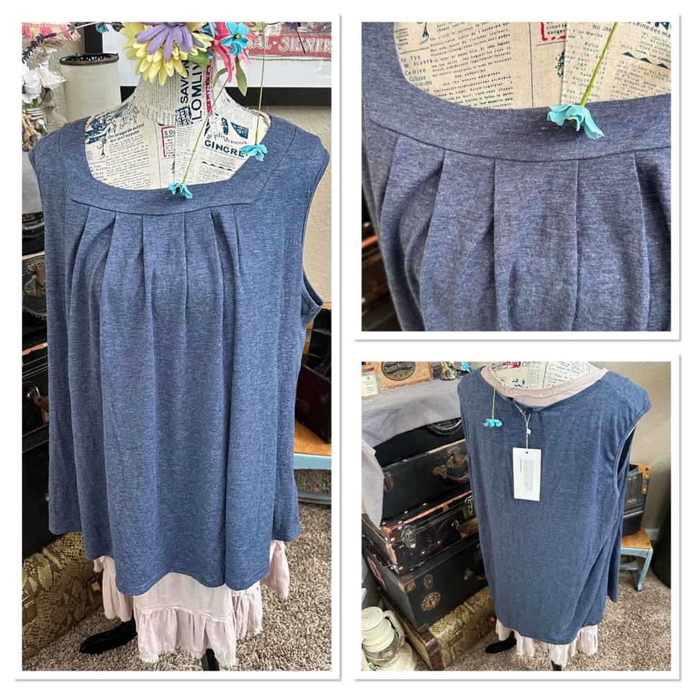 🦋 NWT- BloomChic Blue Heathered, Pleated, Tank. Super Buttery Soft
